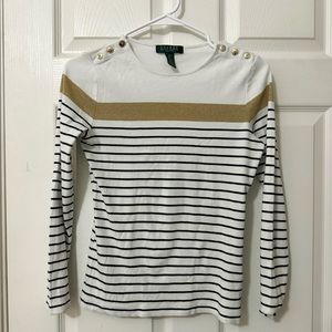 Vintage Ralph Lauren Sweater Women’s Petite Small Striped with Gold Buttons Sm